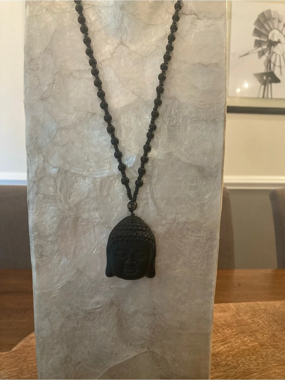 Black stone carved Buddha Head Pendant Necklace - beaded knotted chain.